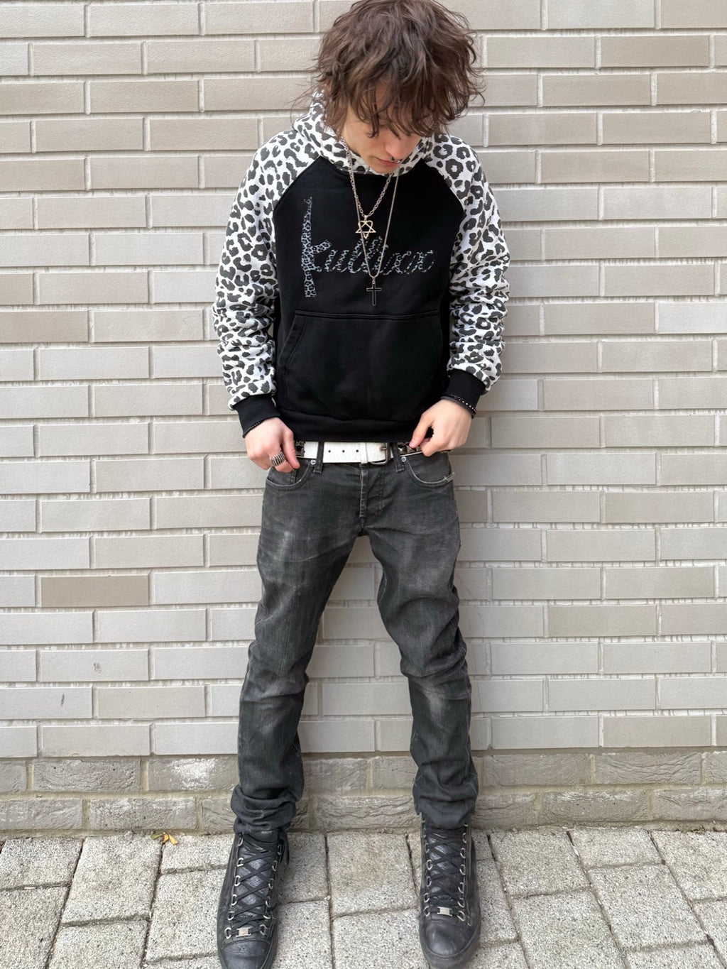Model wearing the Snow Leopard Hoodie, full look
