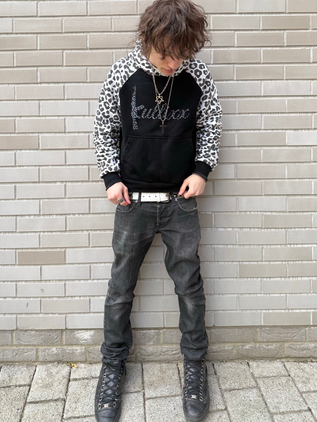 Model wearing the Snow Leopard Hoodie, full look